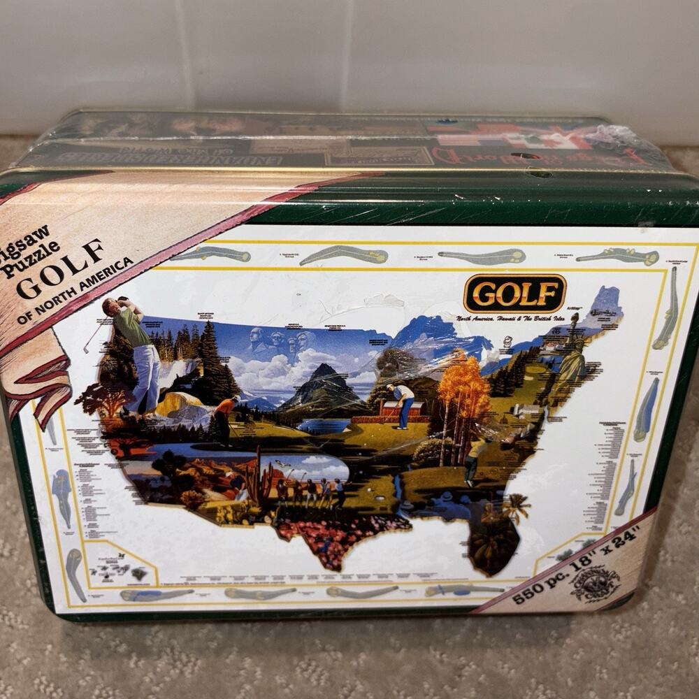 Channel Craft USA 550 Piece Jigsaw Puzzle in GOLF scenes 2001 Tin Box